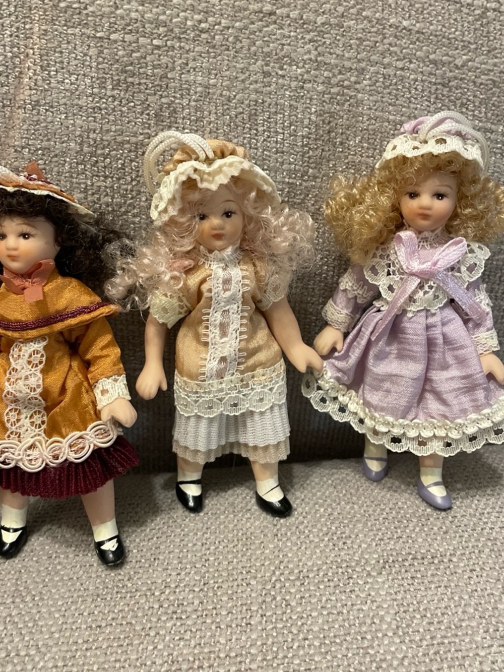 Set of 3 Porcelain Dollhouse Dolls 4” Victorian Style Miniature Girls
